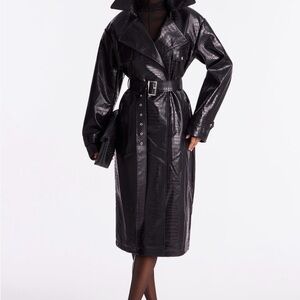 Croc Faux Leather Trench Coat - Black
